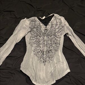 Affliction Gray Winged Graphic Long Sleeve Top
